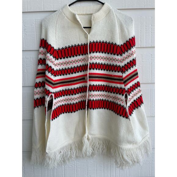 None Jackets & Blazers - 70's fair aisle knit poncho white, red and gold.  Costume or Retro